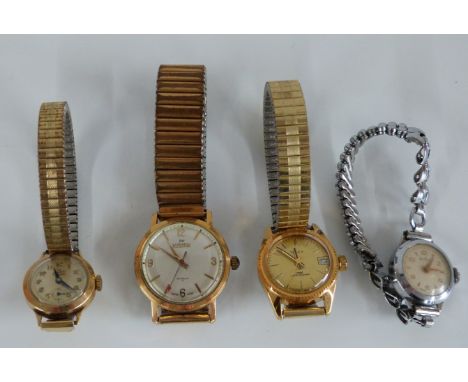 Four ladies and gentleman's wristwatches comprising a Timex, 9ct gold Pilot, Roamer and a Bentima.&nbsp;