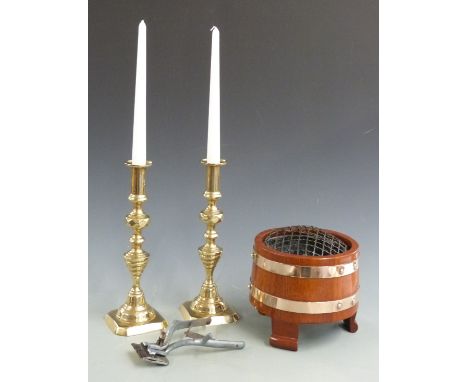 R.A Lister coopered rose bowl/jardiniere, a pair of R A Lister shears and a pair of brass ejector candlesticks&nbsp;