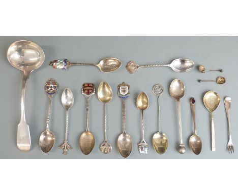 Sixteen various hallmarked silver spoons, ladle etc to include many enamel souvenir examples, weight 228g all in