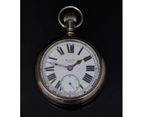 Elgin silver plated keyless winding open faced military pocket watch with inset subidiary seconds dial, blued hands, black Ro