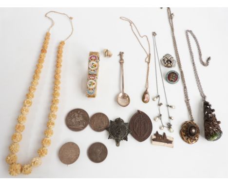 A collection of costume jewellery including enamel brooch, silver spoon, rolled gold necklace, coins, micro mosaic bracelet, 