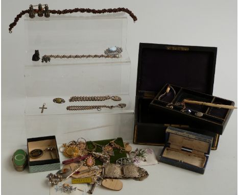 Two silver bracelets, silver Arts &amp; Crafts style brooch, vintage Cheltenham box, costume jewellery etc in a tooled leathe