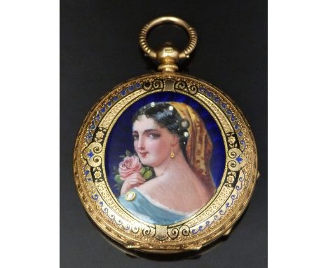 18ct gold ladies full hunter pocket watch with engraved and enamelled case decorated with a portrait of a lady holding a flow