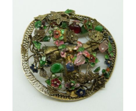 Chinese silver brooch / buckle set with enamel, filigree and quartz&nbsp;