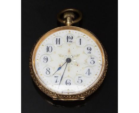 18ct gold keyless winding open faced pocket watch with blued hands, Arabic numerals, gilt decorated white enamel dial and uns