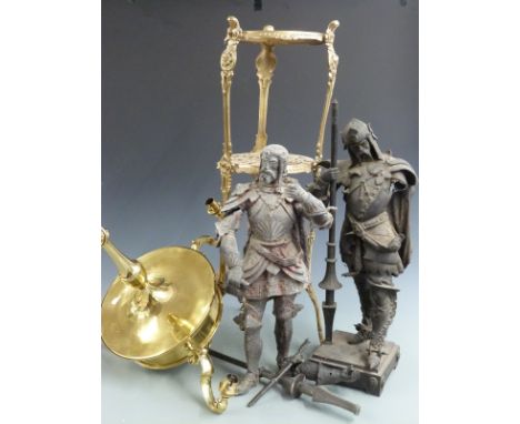 West Wilts, Aerated Water Company Trowbridge stone jar, three tier brass cake stand, brass light fitting and two metal figure