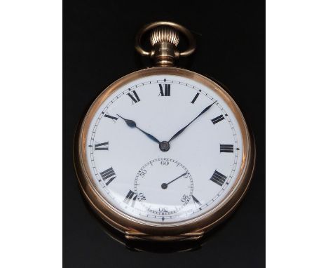 9ct gold cased keyless winding open faced pocket watch with subsidiary seconds dial, blued hands, black Roman numerals, white
