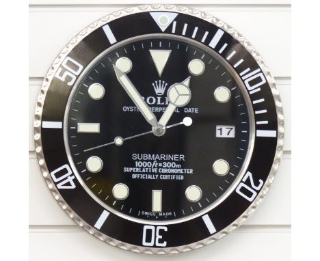 Rolex Oyster Perpetual Submariner dealer's shop&nbsp;display advertising wall clock with black face and bezel, luminous hands
