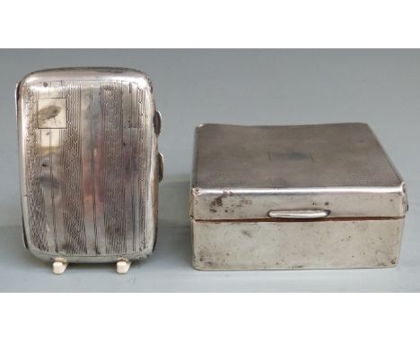 Hallmarked silver cigarette box with engine turned lid, width 9cm together with a hallmarked silver cigarette case, length 8c