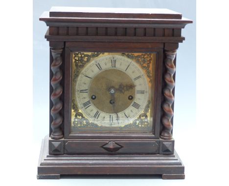 Early 20thC oak cased Wurttemberg shelf clock with Junghan's three train movement stamped 1919 with Westminster chime, silver