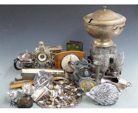 Plated ware including tea set, cased cutlery, pewter, novelty items, tools, clocks etc