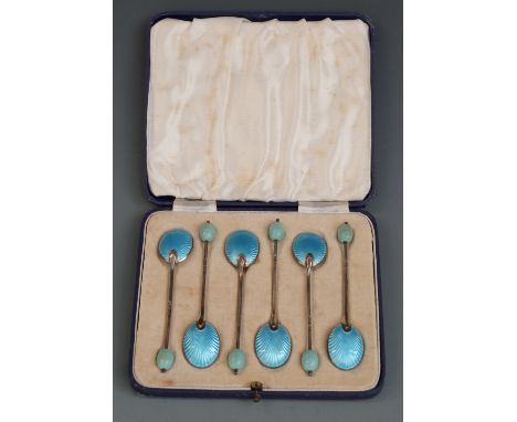 Cased set of six Art Deco blue enamel backed hallmarked silver spoons, Birmingham 1937 maker Turner & Simpson Ltd, length 10c