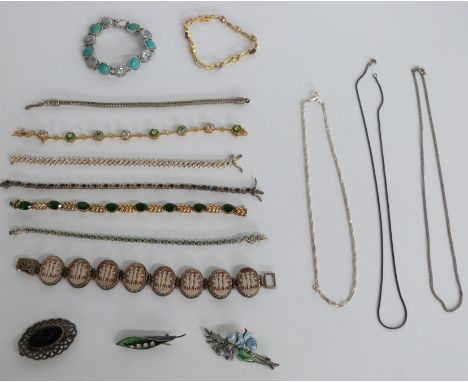 Silver bracelets including three graces cameo style example, brooches including enamel leaf example, further enamel example e