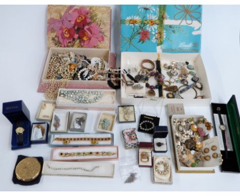 A collection of costume jewellery including 9ct gold cased ladies Rotary watch, silver ring set with a quartz, vintage earrin