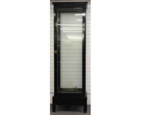 Industrial/haberdashery/shopfitting large glazed and branded display cabinet raised on stepped feet wired for lighting, W85 x