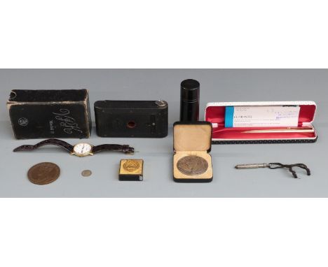 A collection of items including boxed Parker propelling pencil with instructions, ebony container, Edward VIII medallions, Ko