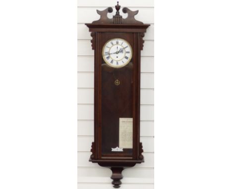 Vienna regulator c1840 single weight wall clock the enamelled Roman dial with gilt bezel, in mahogany case with swan neck ped