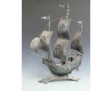 Arts &amp; Crafts style metal model of a galleon, height 68cm
