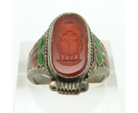 Egyptian Revival silver ring set with enamel and an agate intaglio carved as a scarab beetle, maker GK