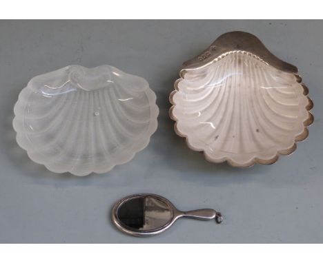 Victorian hallmarked silver shell shaped butter dish with glass liner, London 1893, maker&nbsp;Henry Wilkinson &amp; Co, leng