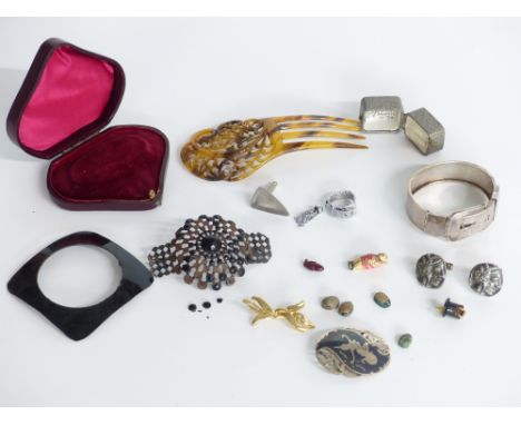 Hallmarked silver buckle bangle, Alva Studios cufflinks, Siam silver brooch, scarab beetles, miniature figure, vintage jewell