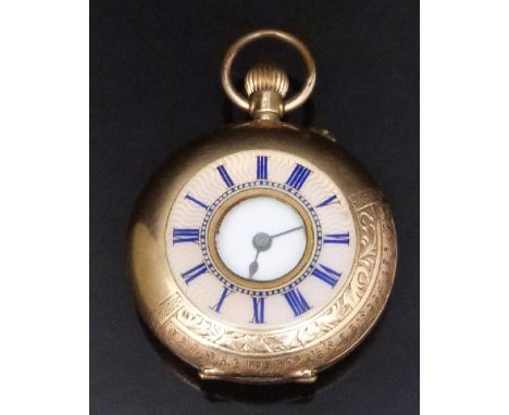 Continental 14ct gold keyless winding half hunter pocket watch with black Roman numerals, blued hands, white enamel dial, blu