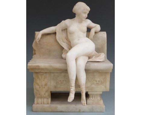 Late 19th or early 20th century carved alabaster model of a nude lady seated on a bench, height 36.5cm
