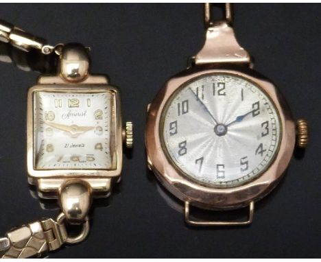 Two 9ct gold lades wristwatches, one Accurist with gold hands and Arabic numerals and silver dial, on expanding metal bracele