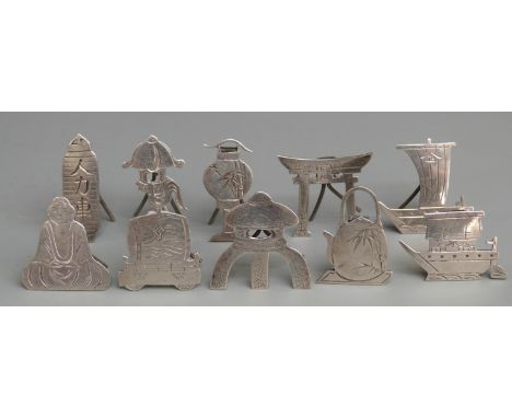 Set of ten Chinese or similar white metal menu or name holders, all formed as Eastern objects and marked Sterling with small 