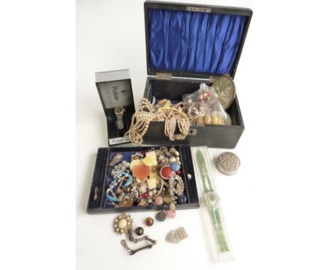 A collection of costume jewellery including beads, and paste, brooches, Swatch watch, vintage earrings, reverse painted horse