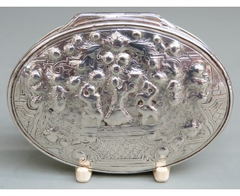 18th century hallmarked silver snuff box, the embossed baroque lid with figures dancing on a stage opening to reveal a gilt i