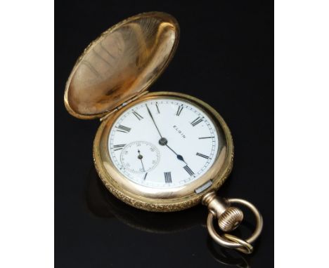 Elgin gold plated keyless winding full hunter pocket watch with inset subsidiary seconds dial, blued hands, black Roman numer