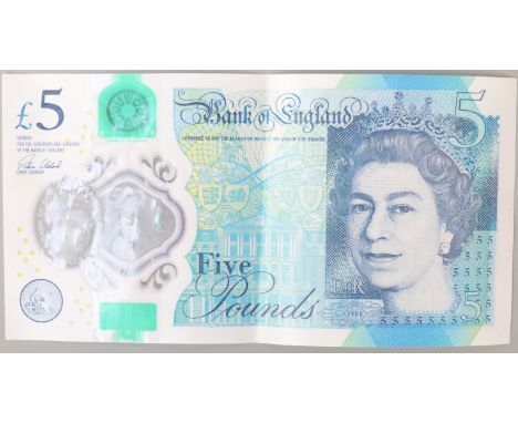 Bank of England polymer £5 note with error, missing gold Elizabeth Tower and Big Ben, circulated with light centre fold