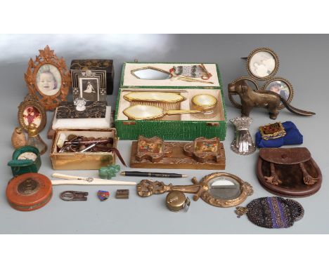 Quantity of collectables including gilt and enamel Kensington pendant, Victorian marble paperweight, sporran, picture frames,