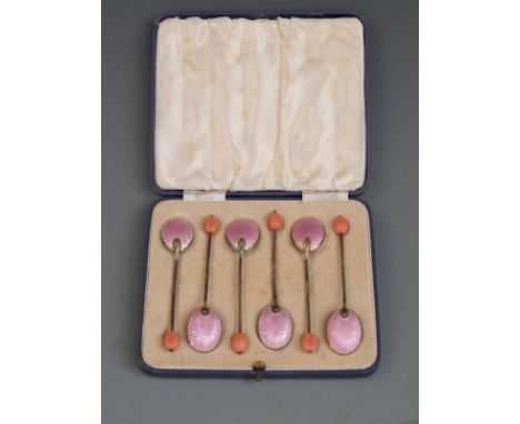 Cased set of six Art Deco pink enamel backed hallmarked silver spoons, Birmingham 1937 maker Turner & Simpson Ltd, length 10c