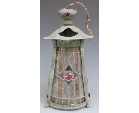 19th or early 20thC Arts and Crafts or Art Nouveau copper and stained glass hanging light, by repute from The Star Inn, Lower