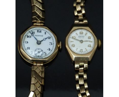 Two Vertex 9ct gold ladies wristwatches, one with inset subsidiary seconds dial, blued Breguet hands, black Arabic numerals a