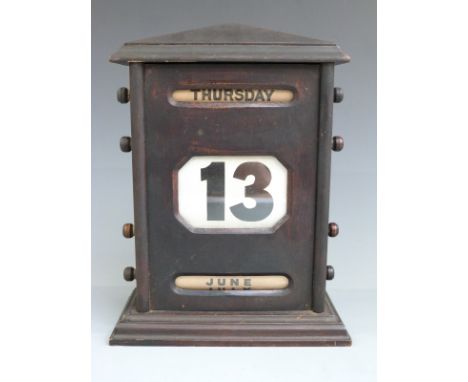 Vintage wooden perpetual desk calendar with manual winding mechanism, height 27cm