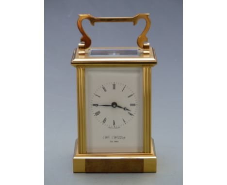 Late 20thC English brass carriage clock with W M Widdop to Roman enamel dial,&nbsp; Breguet style hands and reeded decoration