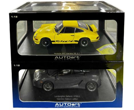 A pair of boxed AutoArt 1:18 scale die-cast cars, to include: - Porsche 911 Carrera RS 2.7 - Lamborghini Gallardo LP550-2 [Va