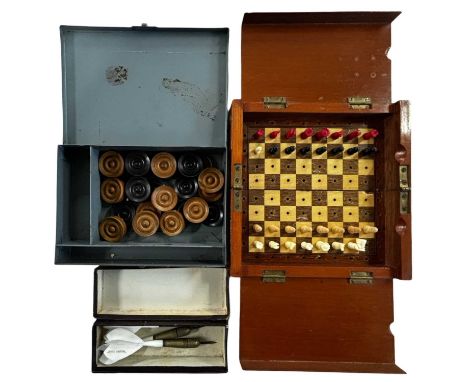 A collection of various vintage game-pieces, to include turned wooden draughts, cased miniature chess set (incomplete) and Mi
