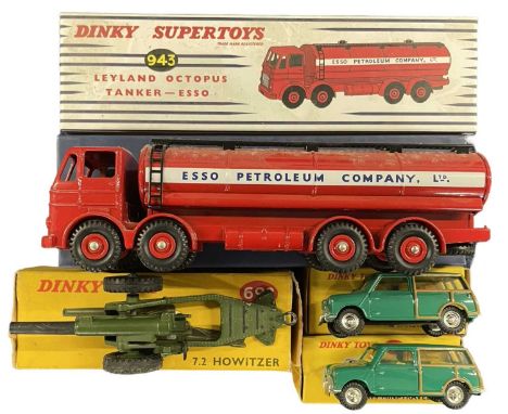 4 x boxed reproduction Dinky Toys: - 943 Leyland Octopus Tanker - Esso - 197 Morris Mini Traveller - 693 7.2 Howitzer