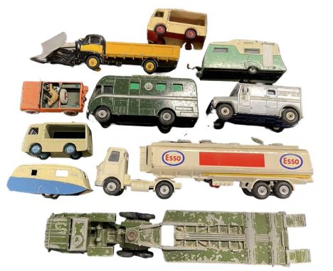 A collection of large Dinky vehilces, including Esso Tanker, caravans, Jeep etc
