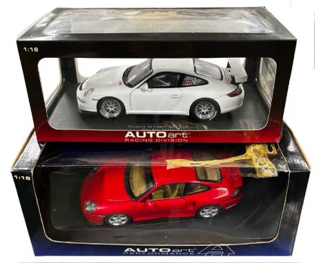 A pair of boxed AutoArt 1:18 scale die-cast cars, to include: - Porsche 911 (997) GTS CUP - Porsche 911 Turbo