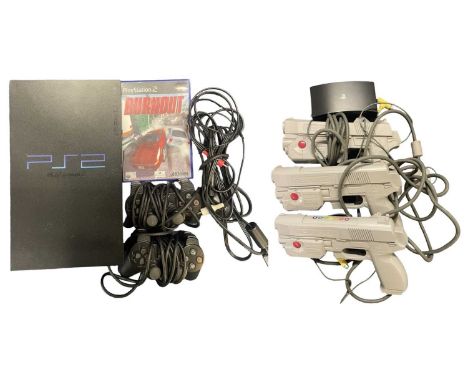 A PlayStation 2 console with 2 controllers, 3 Namco shooters and Burnout game