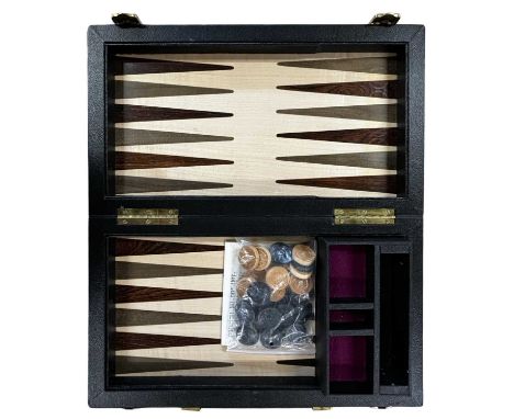 A wooden Backgammon board and pieces, held within folding leatherette case, produced by Kent and Cleal
