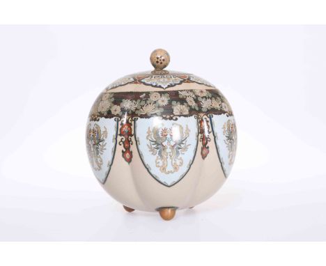A JAPANESE CLOISONNE ENAMEL LOBED JAR AND COVER, early 20th Century, with unusual light brown ground, decorated with phoenix 
