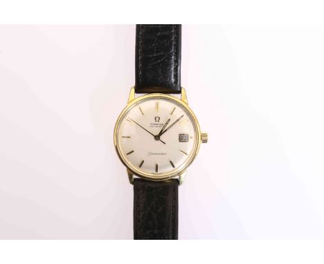 AN OMEGA SEAMASTER AUTOMATIC GOLD PLATED AND STAINLESS STEEL WRIST WATCH, with centre sweep seconds and date aperture at "3".