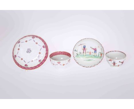 A NEW HALL CORRUGATED BREAKFAST SIZE TEA BOWL AND SAUCER, painted with floral swags and puce scale border; tea bowl 9cm wide,