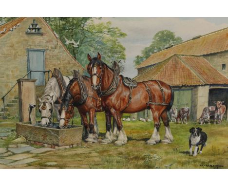 DOROTHY MARGARET AND ELIZABETH MARY ALDERSON (1900-1992) (1900-1988), THREE HORSES BY A STONE WATER TROUGH, signed and dated 